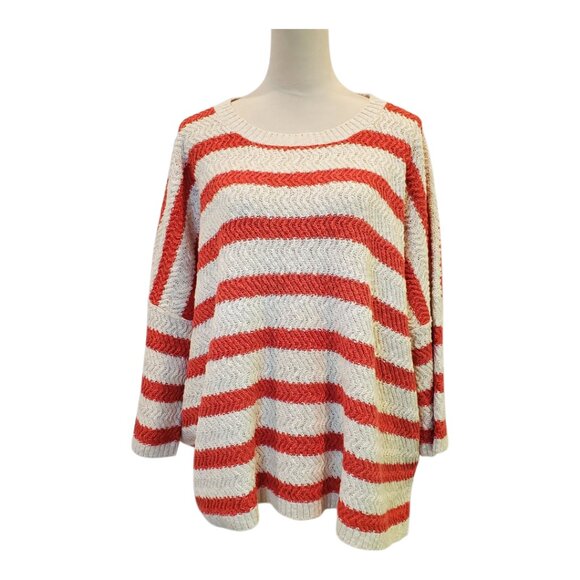 Garnet Hill SZ XL Chunky Crochet Sweater Orange Striped Beachy 100% Org. Cotton - Picture 2 of 7